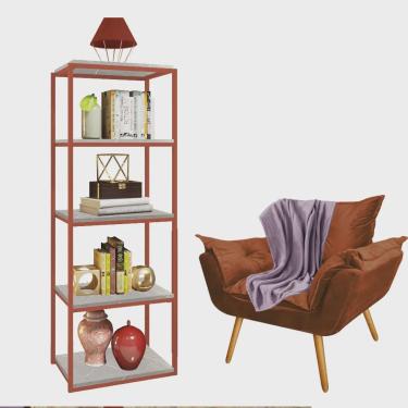 Imagem de Kit Poltrona Fatte com Manta Soft Lilás e Estante Livreiro Ferro Bronze mdf Marmorizado Cinza Suede Terracota - Ahazzo Móveis