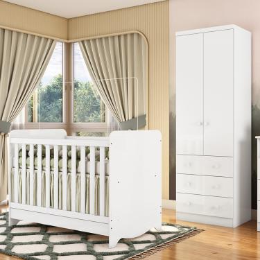 Imagem de Quarto de Bebê com Berço Minicama Ben e Guarda Roupa Smim New 100 MDF Móveis Peroba - Branco Brilho