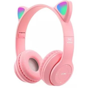 Imagem de Fone De Ouvido Infantil Bluetooth Gatinho Rosa Com Led Iluminação Headphone Sem Fio Dobrável Som Estéreo Microfone Recarregável Entrada Micro B Música Jogos Versão 5.0 Hi-Fi