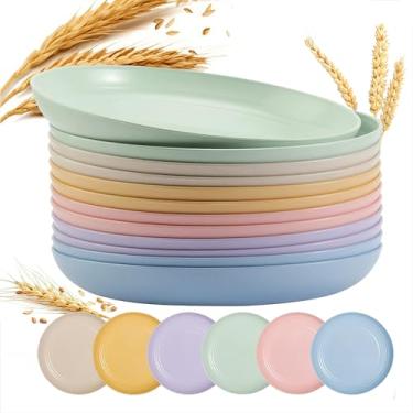 Imagem de Conjunto de pratos redondos de palha de trigo, 12 peças, inquebráveis, leves, salgadinhos, salada, sobremesa, pratos de jantar em 6 cores para piquenique em casa (20 cm)