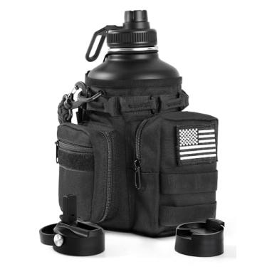 Imagem de banloga Garrafa de água tática de 1,8 litro com canudo, jarro de água isolado de 1,8 g com suporte para garrafa de água Molle, garrafa esportiva de aço inoxidável com 3 tampas sem BPA para academia