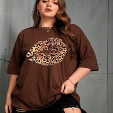 Imagem de Camiseta Unissex Cor Laranja Oversized Blusa Feminina Estampa Beijo On