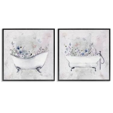 Imagem de Stupell Industries Conjunto de arte giclée emoldurado em preto de 2 peças antigas banheiras com botânica, design de Stella Chang, 43 x 43 cm