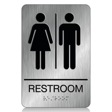 Imagem de DALLAHASEE Placas de banheiro unissex ADA Braille para negócios 23 x 15 cm - Pacote com 1 - Placa de banheiro neutra de alumínio com fita dupla face forte 3M para escritórios e restaurantes