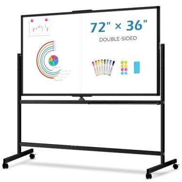 Imagem de Quadro branco grande com suporte, quadro branco móvel dupla face de 182,88 cm x 91,44 cm, apagável a seco, quadro magnético gigante apagável a seco sobre rodas para escritório, casa e escola, moldura