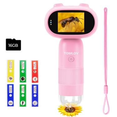 Imagem de TOMLOV Microscópio P30 para crianças, microscópio digital LCD portátil de 1000 x 5 cm para slides, câmera HD e vídeo, lupa de bolso com luz, lupa portátil para educação de ciências domésticas, mini
