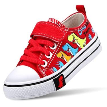 Imagem de Cozystep Tênis de lona para meninos e meninas para crianças pequenas unissex sapatos de caminhada com tira ajustável com ganchos e laços de desenho, Dinasour vermelho, 2 Big Kid