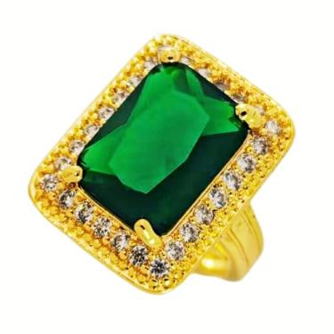 Imagem de KINMOT Elegante anel de cristal verde esmeralda com moldura dourada, corte quadrado, tamanho 15, 17, Metal Cristal, Zircônia cúbica