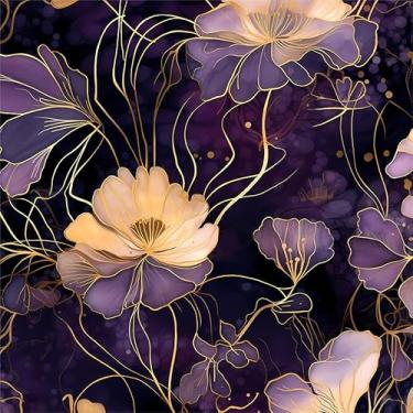 Imagem de MuralPeel Papel de parede autoadesivo removível de flores abstratas e florais escuros amarelo/roxo dourado autoadesivo removível fácil de remover papel de contato em papel de parede para armário de