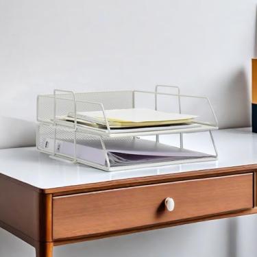 Imagem de YFS A4 Suporte de pasta de arquivo de letras, organizador de papel com alça, bandeja empilhável de 2 camadas, organizador de documentos, decoração de escritório (A4, vertical, branco, 2 camadas)