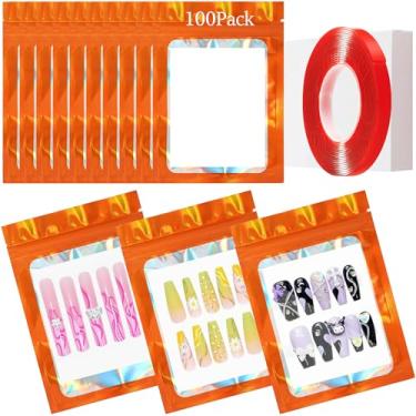 Imagem de 100 peças de saco de armazenamento de unhas holográfico laranja sólido vazio pressione no saco de embalagem de unhas e 100 peças de papelão branco brilhante sacos de embalagem com 1 rolo de fita