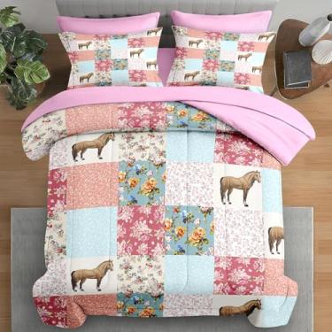 Imagem de Pamnest Jogo de lençol solteiro, com estampa de cavalo e animal, rosa, 5 peças, para crianças e adultos, lençol com elástico, fronha e lençol com elástico, para decoração de quarto