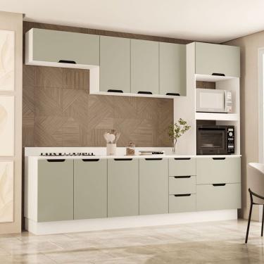 Imagem de Cozinha 5 Peças Balcão 3 Gavetas 4 Portas Aéreo Basculante Torre Quente Com Tampo Meena Branco/verde