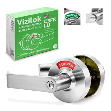 Imagem de VIZILOK Fechadura de porta comercial para privacidade de banheiro, segurança, trava padrão - indicador desbloqueado em cromo acetinado, grau ANSi 2, perfeita para restaurantes, consultórios médicos