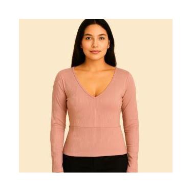 Imagem de Blusa Feminina Canelada Manga Longa Decote V Cintura Ajustada Gris- Ca