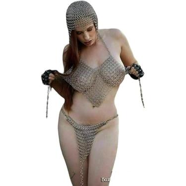 Imagem de Medieval Women Chainmail Bikini Hatler Costume Hot Sexy Fancy Butted Chainmail 3 Piece Set Bra+Pantie+Coif Mail For Women & Girls (Anodized)