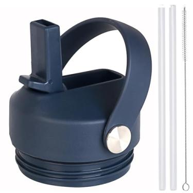 Imagem de Tampa de canudo para garrafa de água Yeti Rambler 18 26 36 1,8 g, tampa de substituição para RTIC 510.3 g 737.1 g 1,020.6 g, tampa com canudo e escova e alça flexível (marinho)