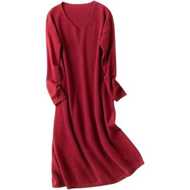 Imagem de Mulheres 100% Cashmere Vestido Outono Inverno Nova Malha V-neck Plus Size Pullover Cintura Alta Suéter De Lã, Golden Brown Red, L