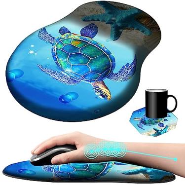 Imagem de Mouse pad com suporte de pulso gel tartaruga design padrão estrela do mar mousepad ergonômico para jogos com descanso de pulso para laptop, computador, casa, escritório, trabalho + uma linda almofada