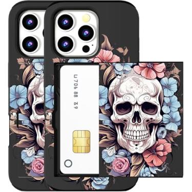 Imagem de MUQR Capa compatível com iPhone 16 Pro Max com suporte de cartão fofo - Design Kawaii, proteção contra quedas de nível militar, capa carteira robusta para mulheres (caveira preta floral)