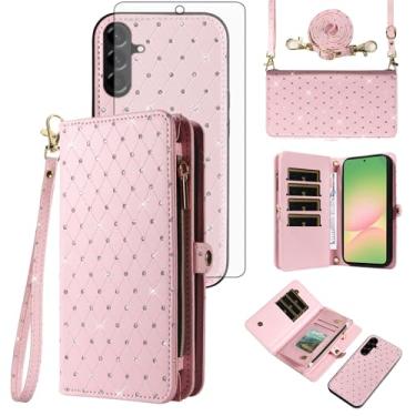 Imagem de Capa de celular para Samsung Galaxy A56 5G Carteira com zíper destacável com protetor de tela transversal alça de cordão Bling Glitter Flip porta-cartões A 56 56A LTE mulheres homens meninas ouro rosa