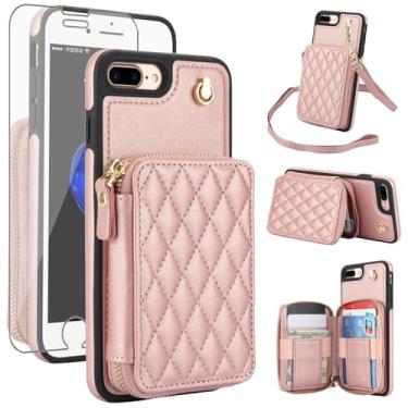 Imagem de Capa de celular para iPhone 7 Plus, 8 Plus, 7/8 Plus, capa de celular com protetor de tela de vidro temperado, alça transversal para pulso, bloqueio de RFID, suporte para cartão i Phone7s 7s + 7+ 8s 8