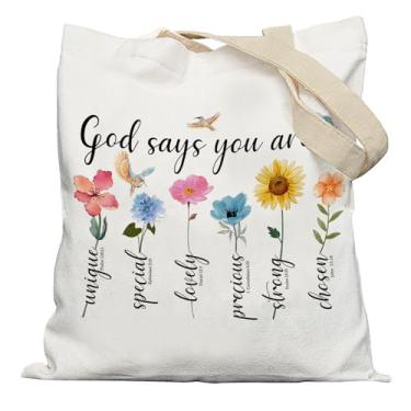 Imagem de APJYM Sacola floral God Says You Are Christian, sacola de lona floral com versículo bíblico para mulheres, presentes baseados na fé para mulheres, bolsa de compras de supermercado reutilizável
