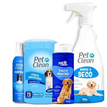 Imagem de Kit Banho a Seco 500ml + Talco 100g + Lenço Umedecido 75un + Perfume 120ml Pet Clean - Higiene e Limpeza para Cães e Gatos (Macho)