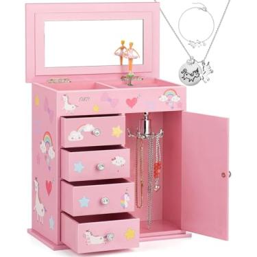 Imagem de efubaby Caixa de joias atualizada para meninas, 5 camadas, com porta giratória, bailarina, unicórnio e castelo, conjunto de joias de unicórnio incluído caixa de joias infantil para meninas, presente