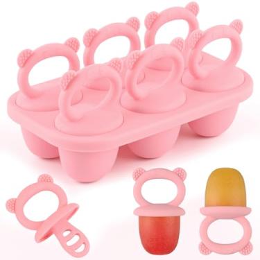 Imagem de HUAKENER Mini moldes de picolé, molde de picolé de silicone para crianças, moldes de picolé de 6 cavidades com alça para fazer alimentos saudáveis para bebês, picolé de leite materno (rosa)
