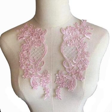 Imagem de Lmlliang 1 par de apliques de flores de renda – Acabamento de renda bordado com motivo floral costurado para roupas DIY, vestidos de casamento, artesanato e decorações, rosa