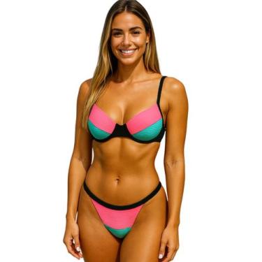 Imagem de Biquíni Feminino Meia Taça Aro sem Bojo Calcinha Fio Dental e Tira na 