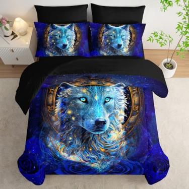Imagem de AILONEN Jogo de edredom casal de lobo galáxia, cama macia em uma bolsa, estampa de animal rosa azul e lençol de cima, 2 fronhas, 2 fronhas para quarto