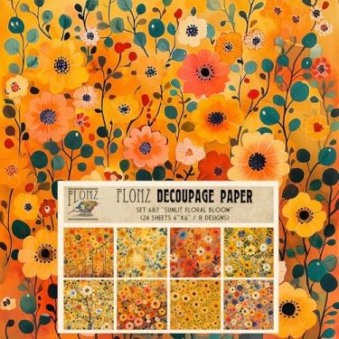 Imagem de Pacote de papel de decoupage (24 folhas 15 x 15 cm) Flor floral iluminada pelo sol ~ Padrões florais amarelo-laranja em estilo com textura de pincel digital pintada à mão e composições densas