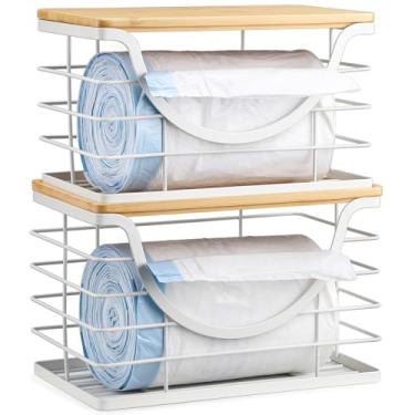 Imagem de YAFFWA 2 peças de suporte de saco de lixo branco extra grande embaixo da pia armazenamento empilhável com tampa, suporte de rolo de dispensador de saco de lixo extragrande cor nogueira suporte de saco