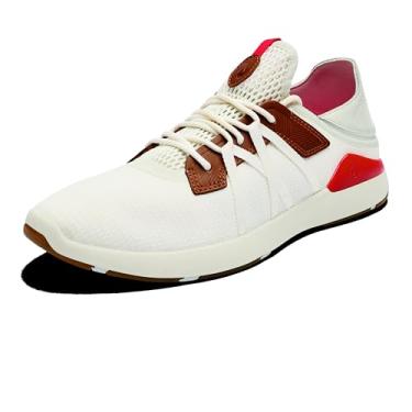 Imagem de OLUKAI Tênis esportivo masculino Mio Li para uso diário, versátil e casual, malha respirável e confortável, suporte de arco acolchoado e ajuste seguro, Branco brilhante/vermelho vulcânico, 42 BR