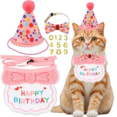 Imagem de AgoumLux Conjunto de artigos de festa de aniversário para gatos, meninas, meninos, gatos, aniversário, bandana, chapéu, números, decorações, conjunto de roupas, rosa