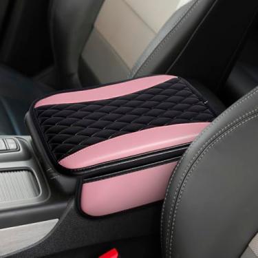 Imagem de vvag Capas de console central de couro patchwork, capa de descanso de braço elegante com bolso de armazenamento lateral, capa de console central para organizador de assento de carro, decoração de