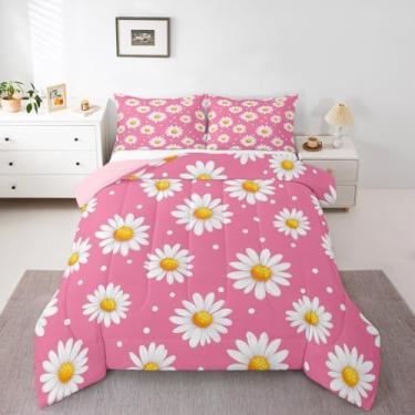 Imagem de Feelyou Jogo de cama de microfibra com enchimento de flores fofas para crianças, tamanho solteiro, rosa, branco, floral, primavera, boêmio, kawaii, para decoração de quarto de adolescentes