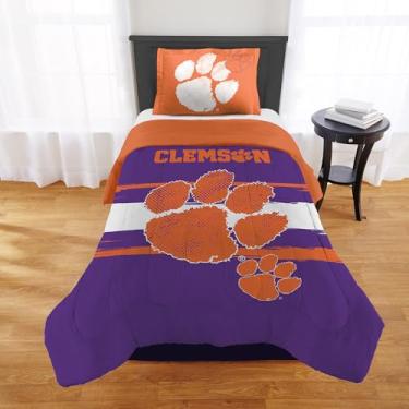 Imagem de Conjunto de edredom Clemson Tigers – Clemson Bedding para dormitórios, quartos de hóspedes, trailers, portas traseiras e decoração de dia de jogo de pata de tigre, solteiro/solteiro GG