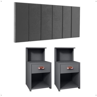 Imagem de Kit 2 Mesinhas Cléo Retrô Nicho Gaveta Puxador Lauren Cabeceira Suspensa Modular Júlia Box Casal Queen 1,60 Quarto - RPM