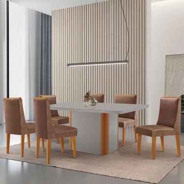 Imagem de Mesa De Jantar Isadora 180cm Tampo Mdf Vidro Com 6 Cadeiras Tork Naturale Serigrafia Off White