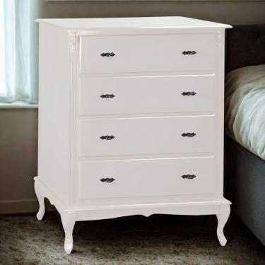 Imagem de Cômoda para Quarto com 4 Gavetas Pés Luiz Xv Madeira Maciça Puxador Metal Branco Laqueado