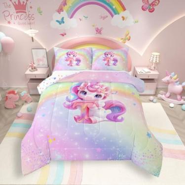 Imagem de Jogo de cama completo de unicórnio, arco-íris, unicórnio, com 2 fronhas, macio para decoração de quarto de meninos e meninas, edredom com glitter gradiente com monograma do alfabeto T (roxo e rosa)