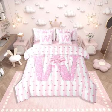 Imagem de Erosebridal Conjunto de cama com laço rosa, 7 peças, alfabeto, cama de meninas, tamanho solteiro, laço e glitter, para decoração de quarto de crianças, adolescentes, conjunto de cama de princesa