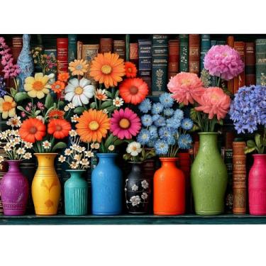 Imagem de 1000 Piece Puzzle for Adults - Plants Floral Bookshelf Jigsaw Puzzles 1000 Pieces, Challenging Vintage Wildflower Book Puzzle Flower Art Puzzles