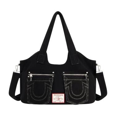 Imagem de True Religion Bolsa feminina, bolsa tiracolo de veludo cotelê com alça de ombro ajustável, preta, Preto