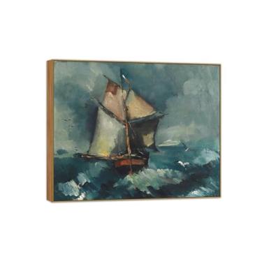 Imagem de BMZFYBS Pôster e impressões de arte famosa da paisagem - Imagem de decoração de parede em tela - Veleiro no mar - Pintura de moldura de madeira para casa 80 x 95 cm 31 x 37 pol