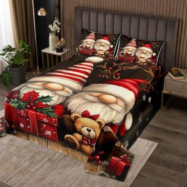 Imagem de Conjunto de colcha de gnomo de Natal, tamanho Queen, para crianças, meninos, meninas, decoração de Natal, conjunto de colcha, vermelho, marrom, colcha com tema de Natal, 3 peças, roupa de cama