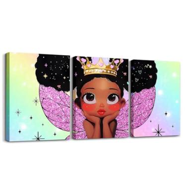 Imagem de Feelyou Linda arte de parede em tela de menina negra para sala de estar quarto 30,5 x 40,6 cm 3 peças de decoração de parede com imagem afro-americana para decoração de casa de banho tema princesa